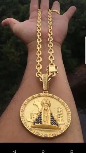 Lindo Cordão Cadeado banhado a ouro 18k Santa Nossa Senhora Aparecida do Norte cravejado