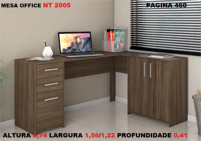 Mesa de escritório em L com gaveta e armário