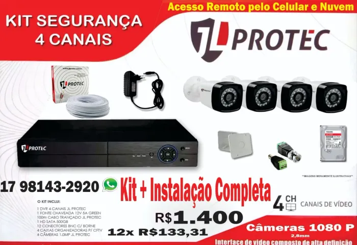 Kit Segurança 4 Câmeras 1080P + Instalaçã R$1380o Completa