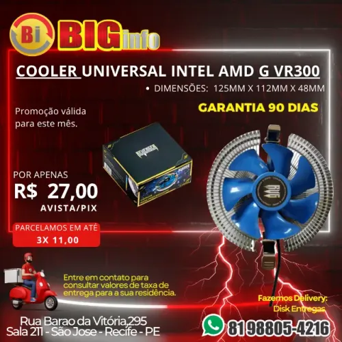 Cooler Computdaor Para Processador Intel e AMD 2100RPM G-VR300