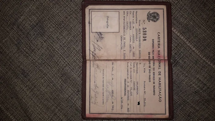 Carteira de motorista amtiga ano 1945