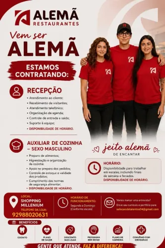 Atendente, auxiliar de cozinha masculino, recepcionista 