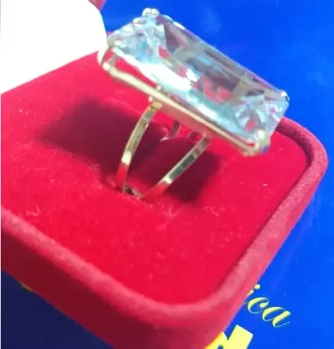 Anel Pedrão Zircônia Azul Clara 25 x 15 mm Ouro 18 Kilates 2 Aros Maciço Peso 15 Gramas