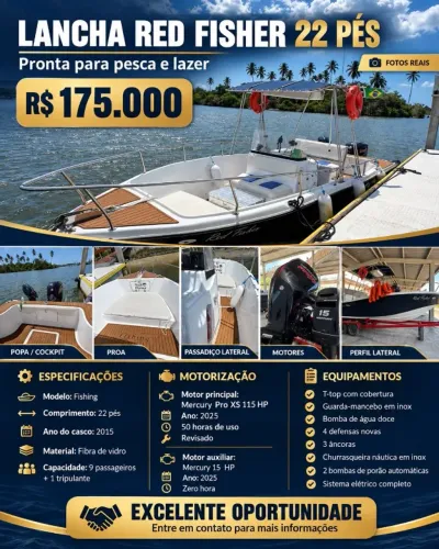LANCHA RED FISHER 22 PÉS | 2 MOTORES MERCURY 2025 | COMPLETA
