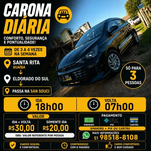 Carona Diária Santa Rita Guaiba/Eldorado do Sul Ida 18h00 Retorno 07h00