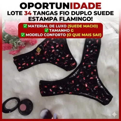  OPORTUNIDADE: Lote 34 Tangas Fio Duplo em Suede - Estampa Flamingo! Revenda Lingerie