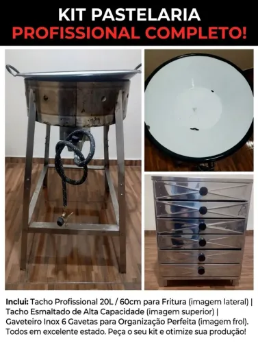 Kit Pastelaria Profissional: Tacho 20L (60cm) + Gaveteiro Inox 6 Gavetas + Escorredor