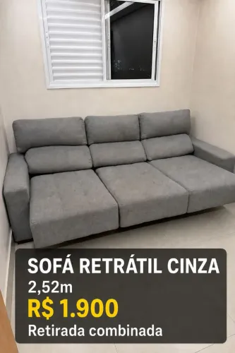 Sofá Retrátil 3 Lugares Cinza 2,52m ? Excelente Estado