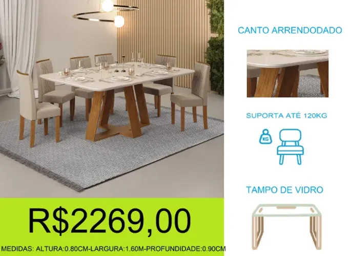mesa - 6 cadeiras - tampo em vidro - compre hoje e receba em até 72 horas