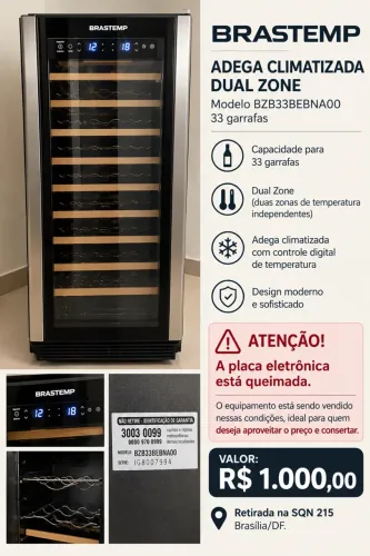 Vende-se Adega Brastemp com espaço para 33 garrafas.