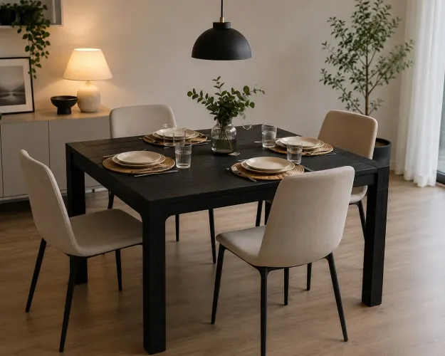 Mesa de plástico reforçado preta com pés removíveis perfeita para área externa e interna.