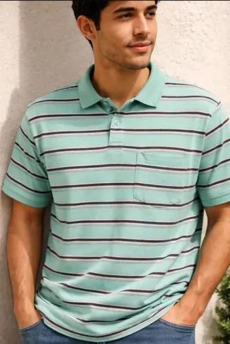 Camisa Polo Listrada Verde Agua Com Bolso GG 