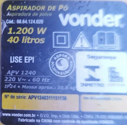 Aspirador de Pó Vonder ? 1.200W | 40 Litros | 220V