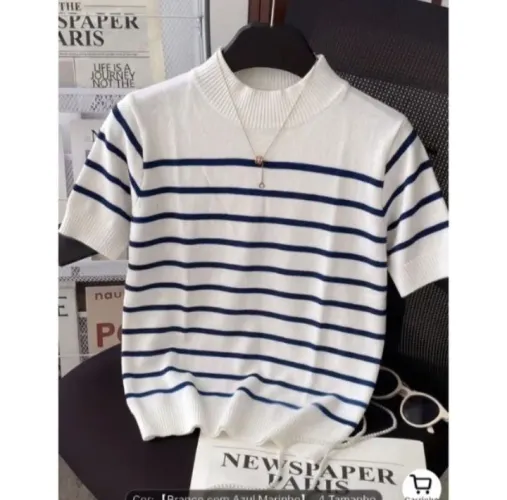 Blusa Feminina Listrada Tricô Branco/Preto