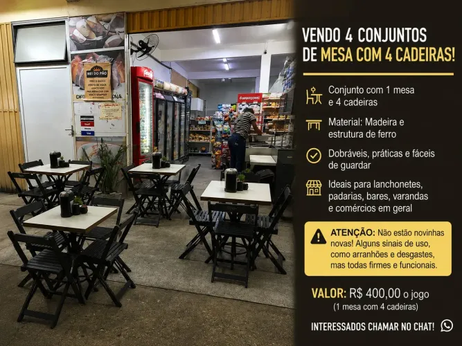 Conjunto de mesa com 04 cadeiras para estabelecimento.