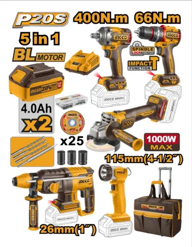 Este é um Super Combo 5 em 1 da marca INGCO, modelo CKLI20595-9, que utiliza baterias