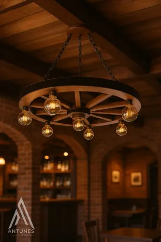 Lustre Rústico Gigante 90cm 7 Bocais Roda de Carroça Madeira Maciça Retrô Artesanal