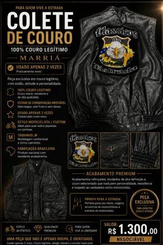 COLETE DE MOTOCICLISTA EM COURO LEGITIMO-MARRIA