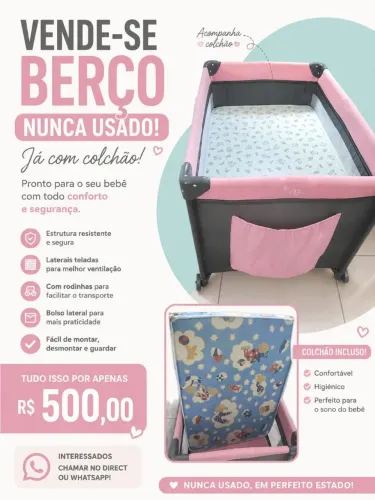 Berço cercadinho sem uso, com colchão novo, mosqueteiro e trocador.