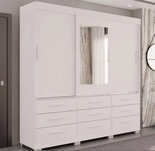 Guarda-Roupa Casal Elegance 3 Portas com Espelho e 9 Gavetas Branco