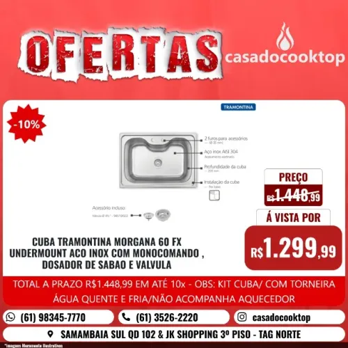 CUBA TRAMONTINA MORGANA 60 FX UNDERMOUNT ACO INOX COM MONOCOMANDO, DOSADOR DE SABAO E VALV