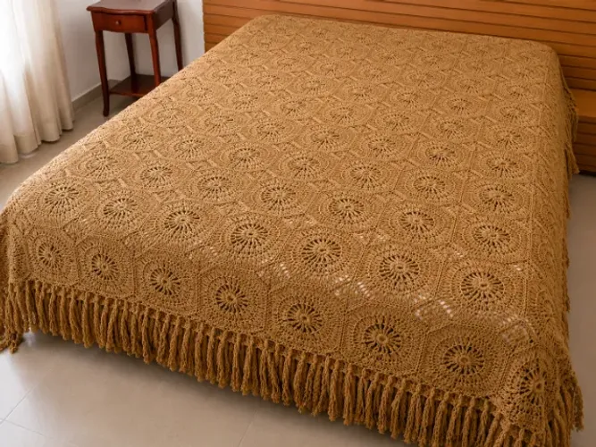 Colcha de Crochê Mostarda Artesanal