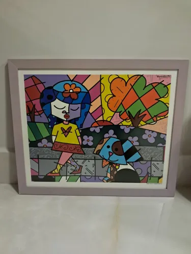 Quadro Romero Brito decorativo figura pet e sua tutora.