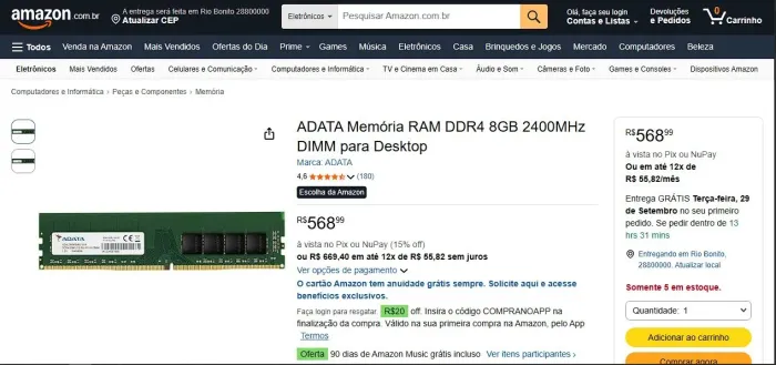 (aceito ofertas)Memória ram ddr4 8gb adata 2400mhz