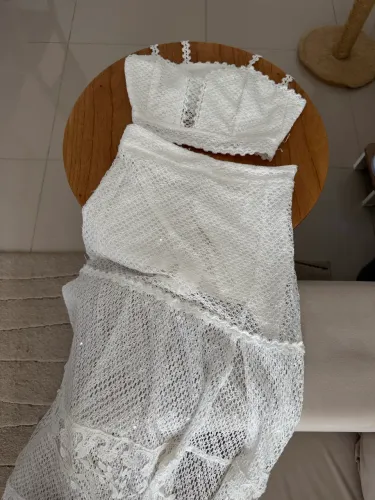 Conjunto Rock Lola Branco Renda Top + Saia Longa Tam P