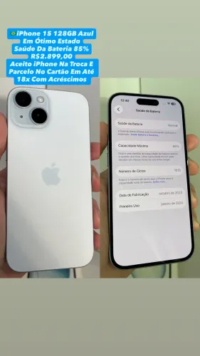 iPhone 15 128GB Azul ( Aparelho Conservado/Em Ótimo Estado ) Usado