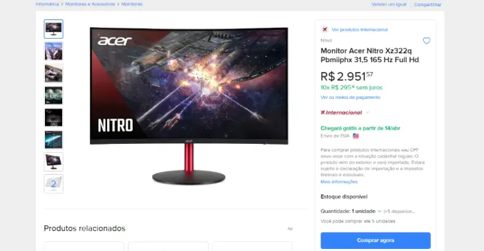Monitor Gamer Acer Nitro 31.5' Curvo Full HD 165Hz 1ms - XZ322Q (ACEITO TROCAS)