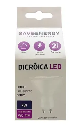 Lâmpada de Led Dicroica 7W 3000K 24º GU10 Bivolt - Save Energy SE-130.3208