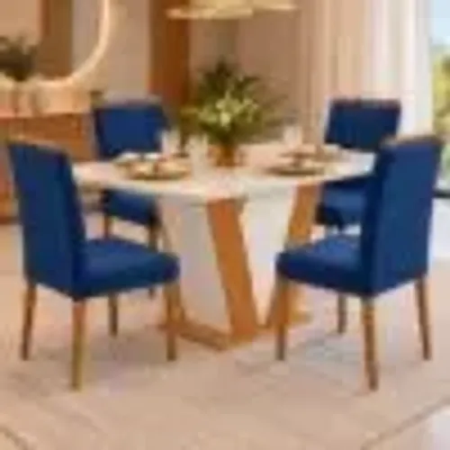Mesa Londres Tampo C/Vidro e 4 Cadeiras em Veludo Azul tt27 S