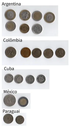 Kit para coleção: moedas da Argentina, Colômbia, Paraguai, México e Cuba