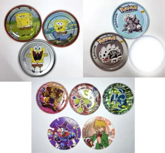 Lote 10 tazos variados - Bob Esponja - Yugioh e Pokémon metla tazos Panini Elma Chips