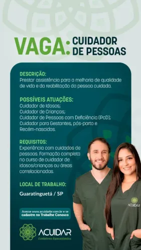 Vaga para cuidadores de pessoas, com certificado de cuidador, técnico de enfermagem