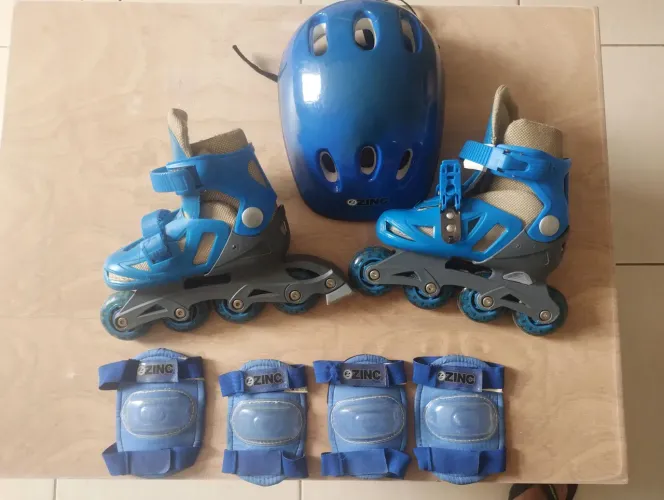 Kit Patins Infantil Zinc In-Line Azul + Capacete + Joelheiras e Cotoveleiras