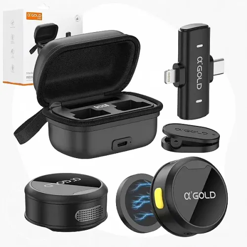 Microfone de Lapela Duplo 2x 1 Tipo C e Lightning com Redução de Ruído de IA - ?'Gold