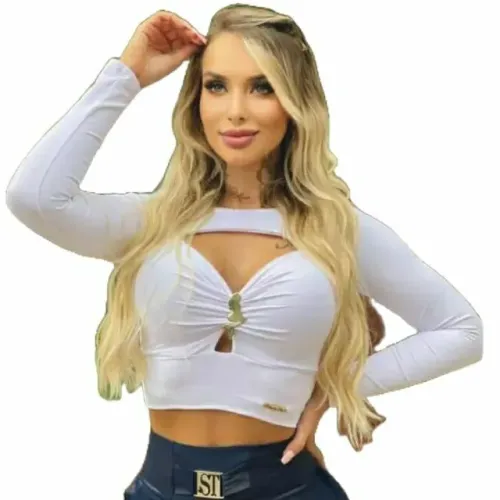 Sereia da Terra Cropped Blusa Bojo Manga Longa Moda Tendência