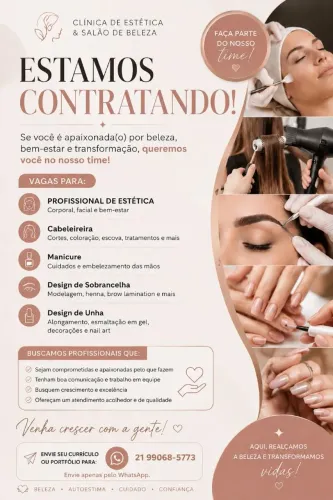Vaga de manicura, cabeleireira, esteticista, design de sobrancelhas