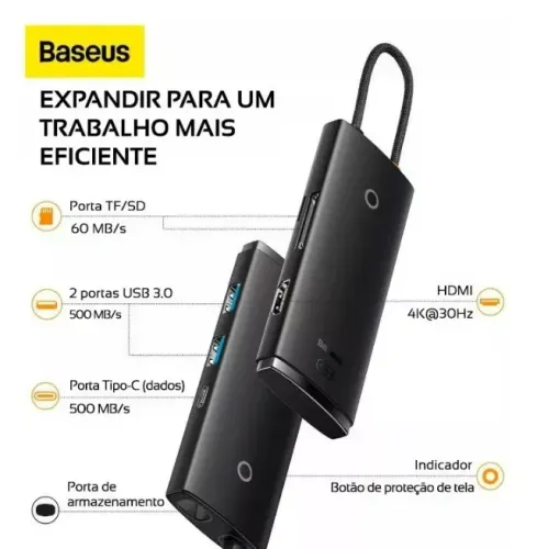 Adaptador hub Baseus 6 portas Usb-c Hdmi Usb3.0 Pd100w Sd/tf