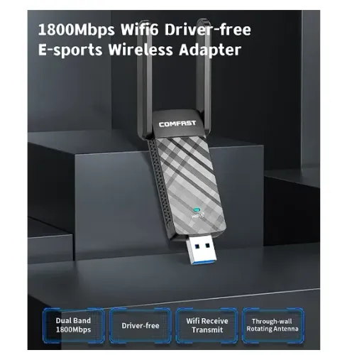 Adaptador USB para Windows 10 e 11, Wi-Fi 6, AX1800, 2.4G, 5GHz