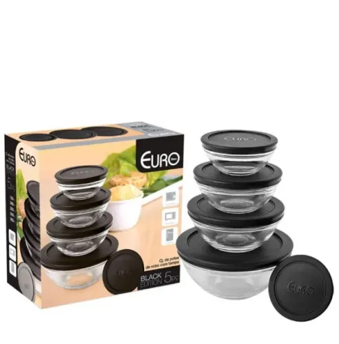 Conjunto kit 5 Potes Tijelas De Vidro Com Tampa Preta Euro Home (5 Peças)