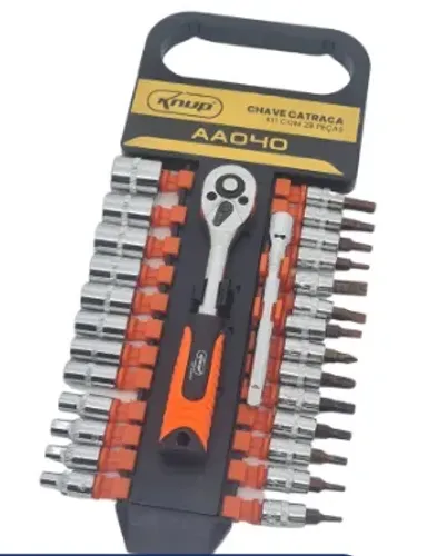 Jogo Kit de Chaves Catraca Reversível com 28 Peças Ponteiras Soquete 4-14mm Bits Knup z695