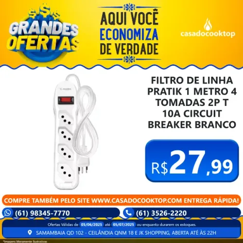 Filtro de linha pratik 1 metro 4 tomadas 2p+t 10a circuit breaker branco