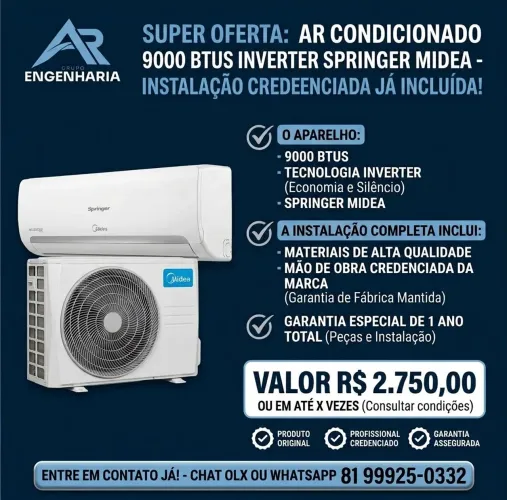 Ar-condicionado Springer Midea 9000btus inverter Instalado João Pessoa