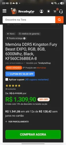 Título: Kingston Fury Beast RGB 8GB DDR5 6000MHz CL36 - Nova