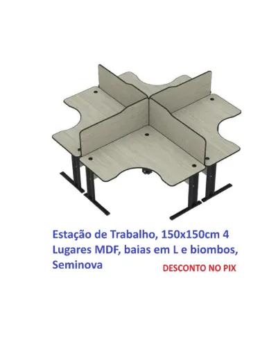 Estação de Trabalho Bege 150x150cm 4 Lugares MDF baias em L com biombos Seminova