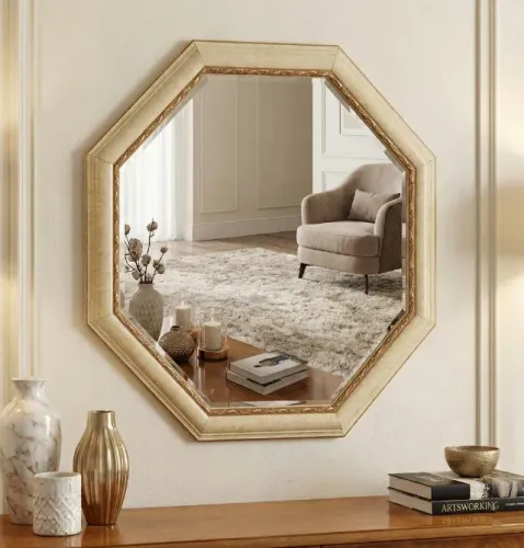 Espelho Octogonal Decorativo com Moldura Trabalhada Bege e Ouro