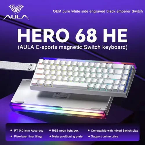 Teclado Gamer Magnético AULA HERO68 HE, 65%, ARGB, Magnético, 8K, ANSI, Branco, 12x 33,75